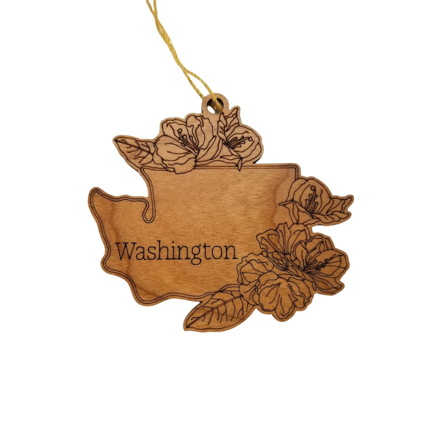 Wholesale Washington Wood Ornament -  WA State Shape with State Flowers Rhododendron - Handmade Wood Souvenir