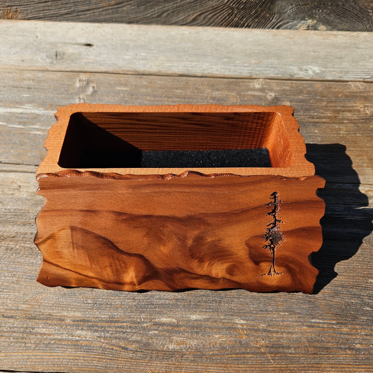 Handmade Wood Box with Redwood Tree Engraved Rustic Handmade Curly Wood #598 California Redwood Jewelry Box Storage Box