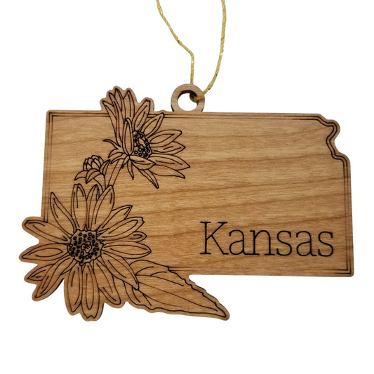 Wholesale Kansas Wood Ornament -  KS State Shape with State Flowers Wild Sunflowers - Handmade Wood Souvenir