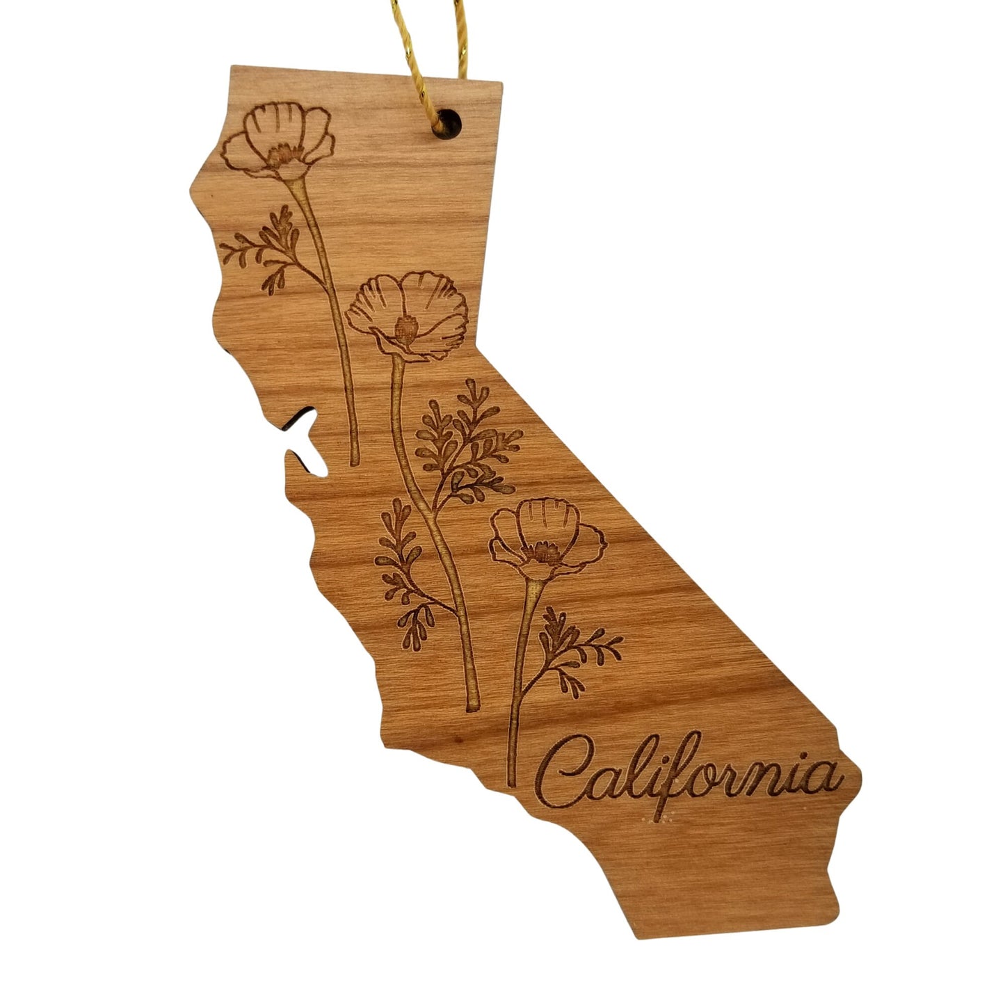 Wholesale California Wood Ornament -  State Shape with State Flowers Poppies CA - Handmade Wood Souvenir