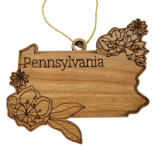 Wholesale Pennsylvania Wood Ornament -  State Shape with State Flowers Mountain Laurels PA - Handmade Wood Souvenir