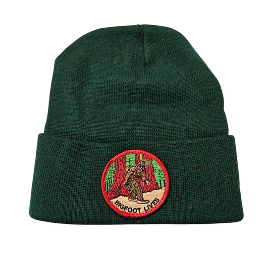 BIGFOOT LIVES green knit beanie.