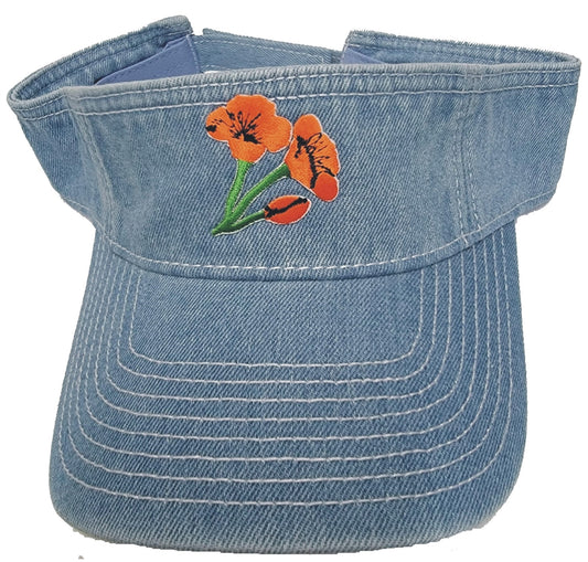 California poppies washed denim visor.