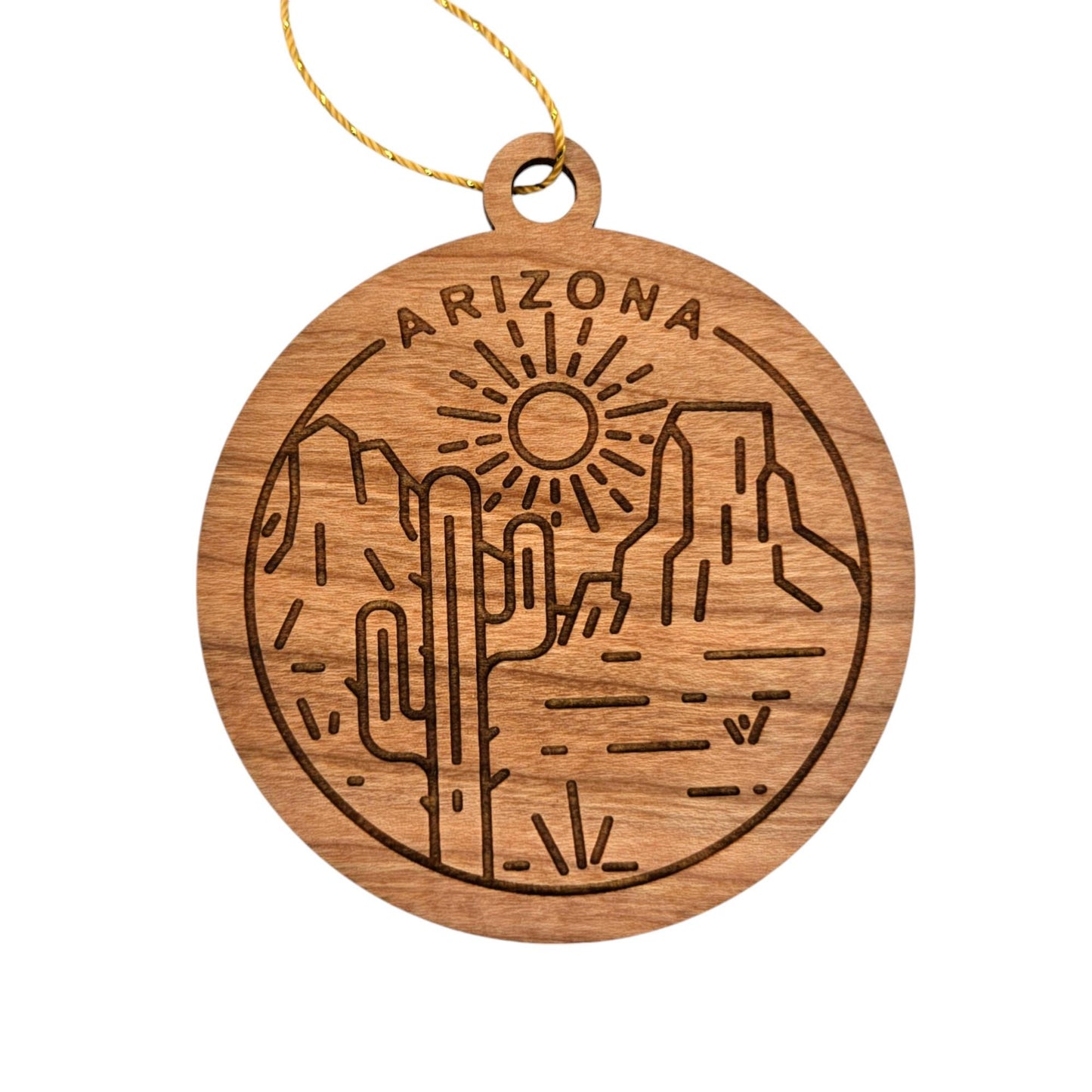 Arizona Wood Ornament - AZ Souvenir - Handmade Wood Ornament Made in USA Rock Formations Cacti Sun