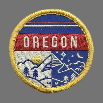 Oregon Patch – OR State Travel Patch Souvenir Applique 2.25" Iron On Mountains Trees Night Day Scene Red Blue Yellow Circle