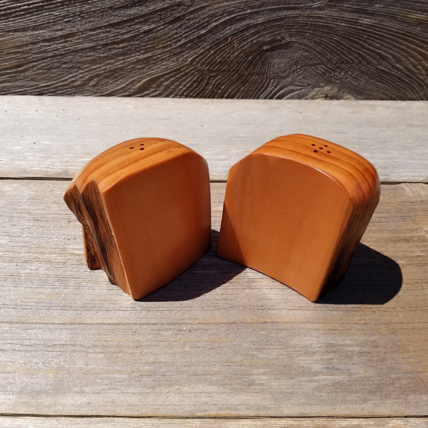 Rustic Wood Salt and Pepper Shakers Set 2 Tone Handmade #479 California Redwood Souvenir Housewarming Gift