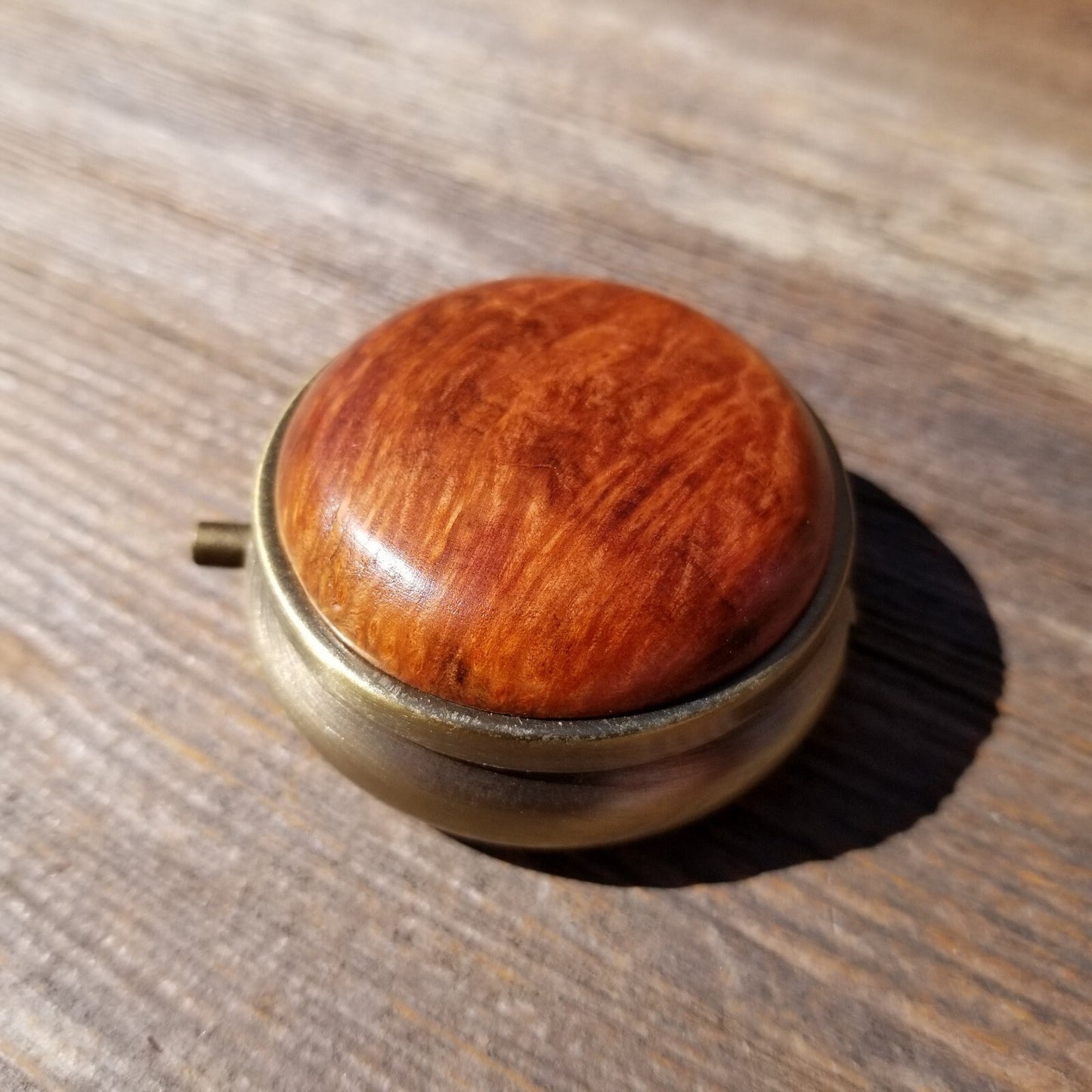 Redwood Pill Box 3 Sections Handmade Top California Burl #416 Souvenir Memento Mothers Day Gift Antique Bronze