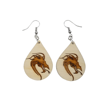 Wood Earrings - Dragon Head Engraved Teardrop Wood Earrings - Dangle Earrings - Chinese or Japanese Dragon Gift - Made in USA