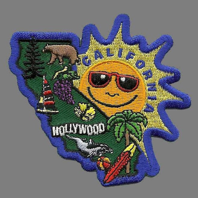 California Patch - State Shape - Big Sun and Map - Iron On Souvenir Travel