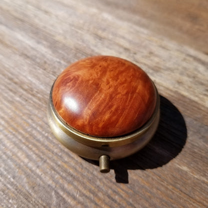 California Burl  Handmade Pill Box 3 Sections Redwood Top #417 Souvenir Memento Rustic Antique Bronze