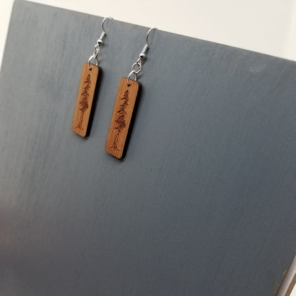 Redwood Earrings - Engraved Tree Rectangle Wood Earrings - California Redwood Dangle Earrings - CA Souvenir Keepsake - Anniversary Gift