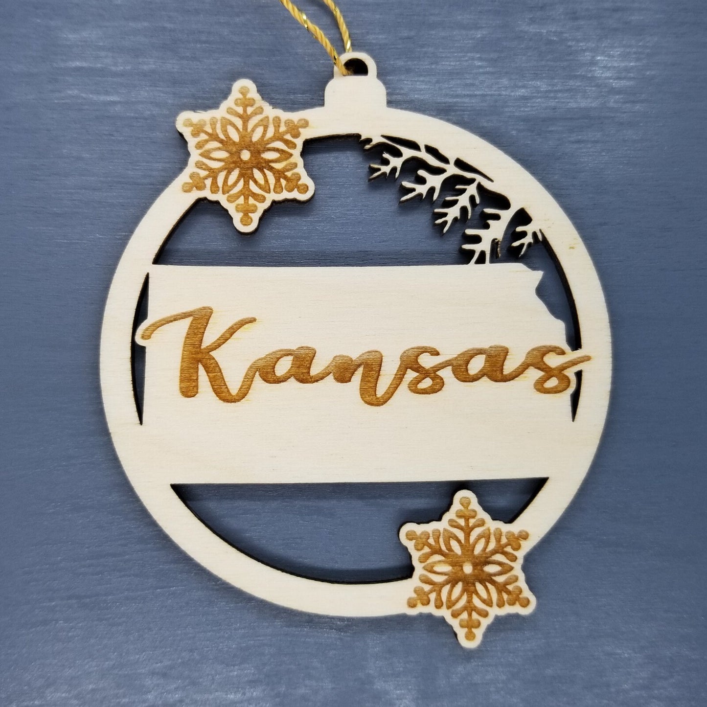 Kansas Ornament - State Shape with Snowflakes Cutout KS Souvenir - Handmade Wood Ornament Made in USA Christmas Decor