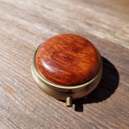 Redwood Pill Box 3 Sections Handmade Top California Burl #416 Souvenir Memento Mothers Day Gift Antique Bronze