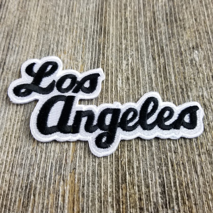 Los Angeles Patch - Iron On Script Black and White - California Souvenir Badge Emblem