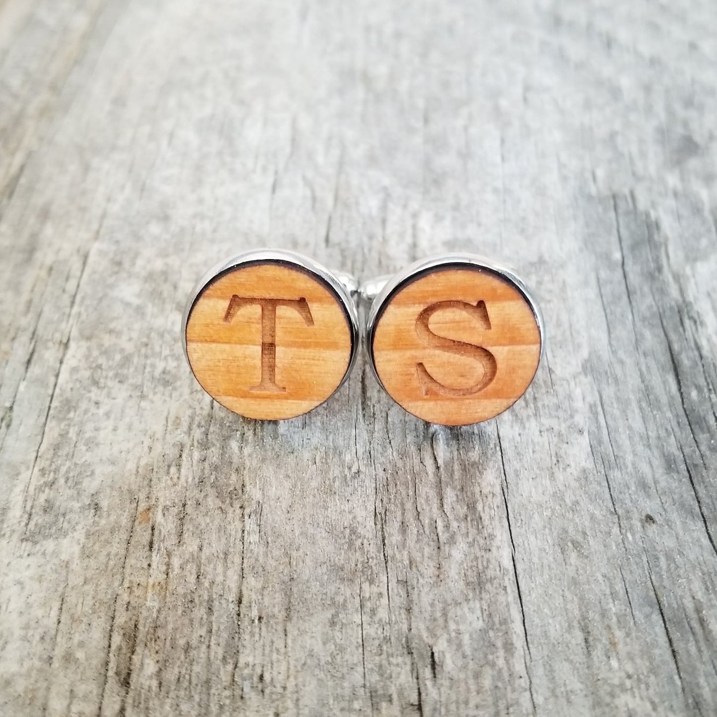 CUSTOM ORDER Cufflinks - Lot of 11 sets for Tyler - California Redwood Initials - Silver Tone