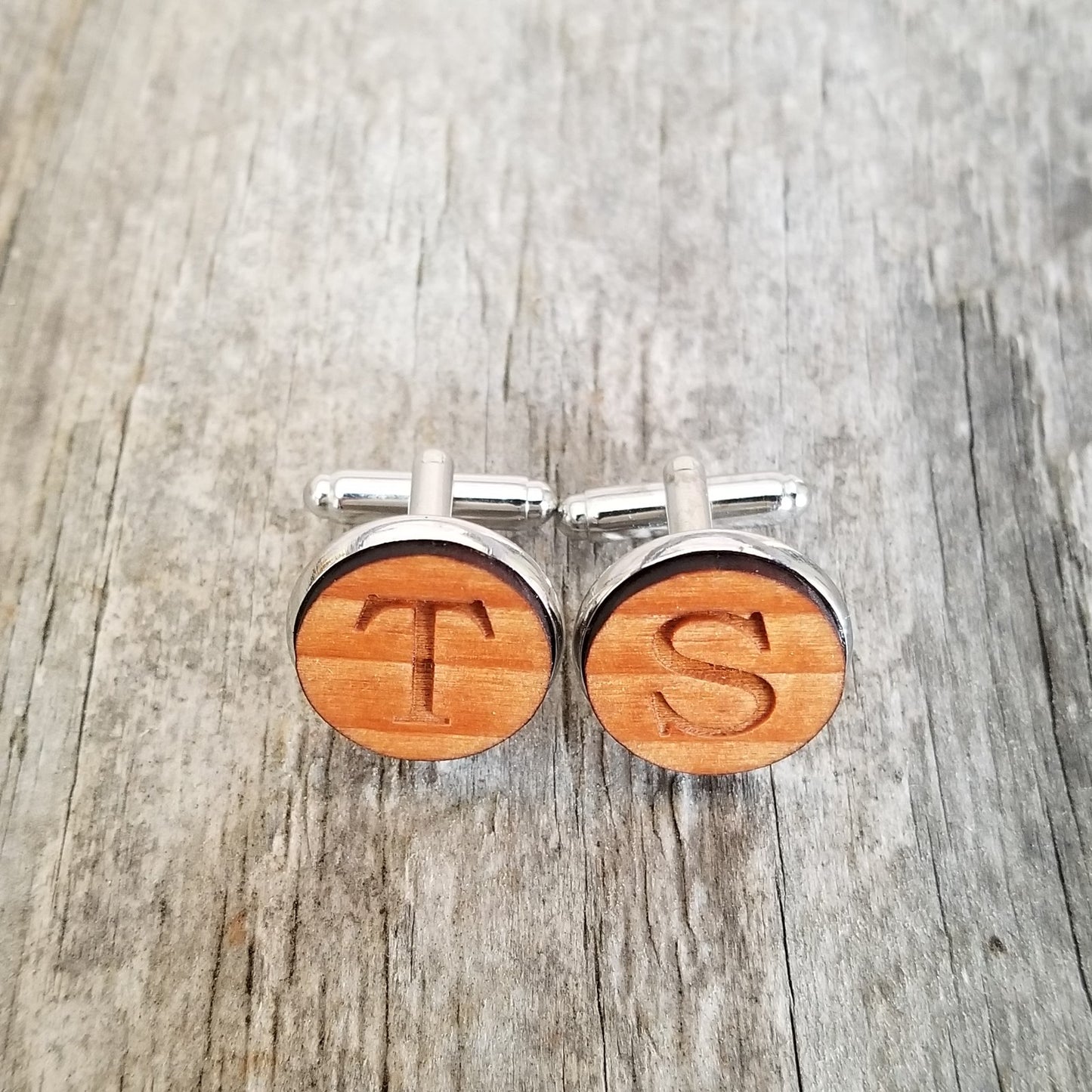 CUSTOM ORDER Cufflinks - Lot of 11 sets for Tyler - California Redwood Initials - Silver Tone