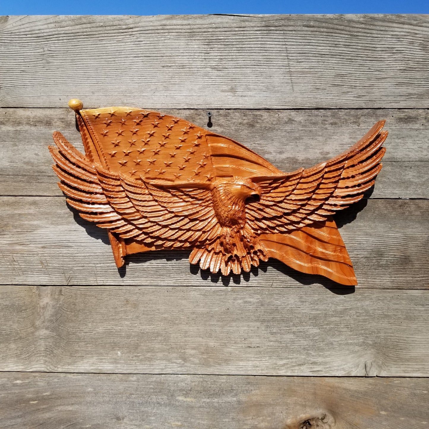 Eagle American Flag 3d Carved Sign Handmade Redwood Wood Patriotic Made in the USA