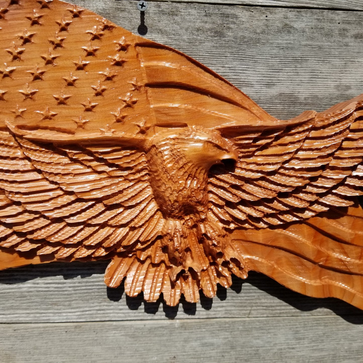 Eagle American Flag 3d Carved Sign Handmade Redwood Wood Patriotic Made in the USA