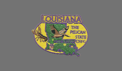 Louisiana Patch – LA State Travel Patch Souvenir Embellishment or Applique 3" The Pelican State Baton Rouge Mardi Gras Jester Iron On