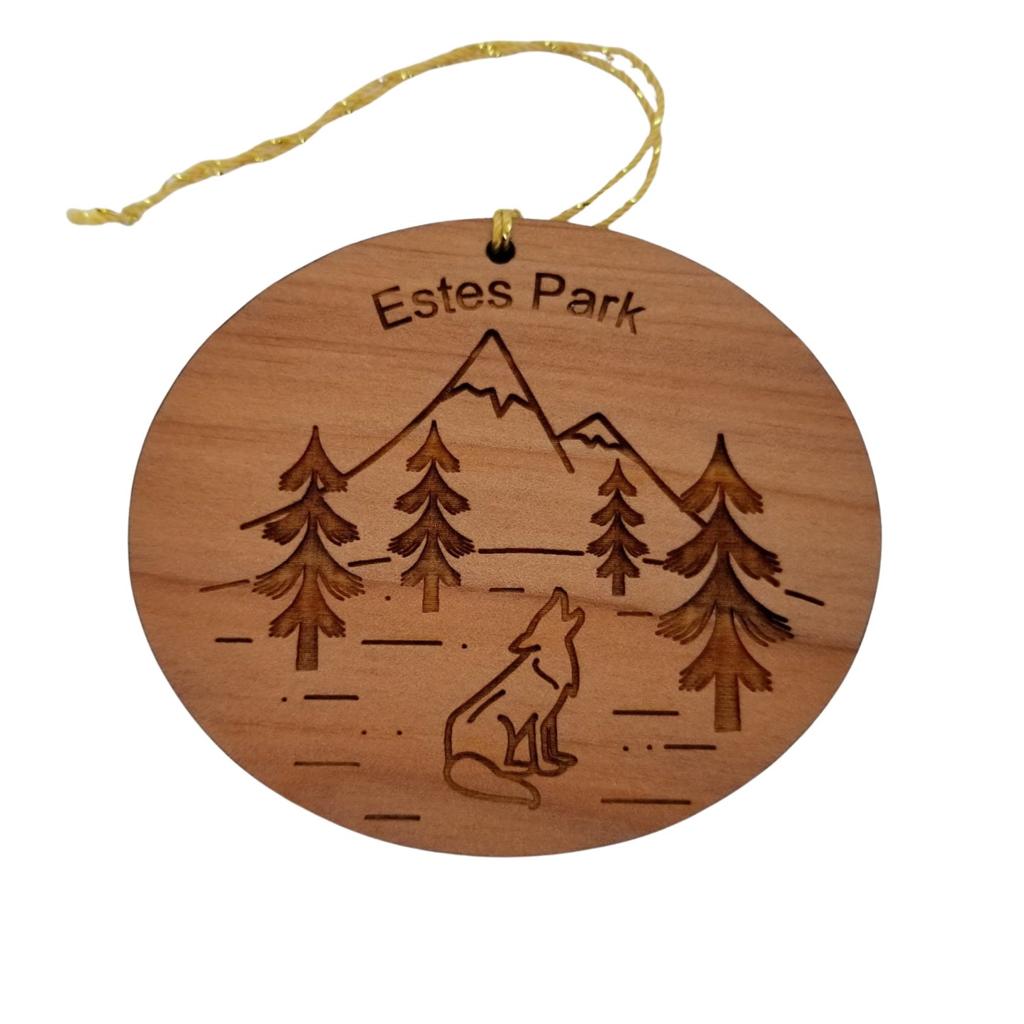 Estes Park Ornament - Wolf Mountains Trees - Handmade Wood - Colorado Souvenir Christmas Ornament Travel Gift 3 Inch Rocky Mountain National