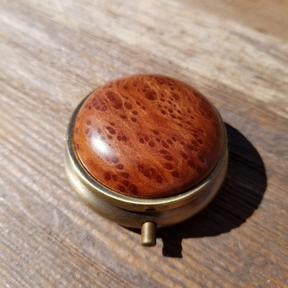 Redwood Pill Box 3 Sections Handmade Top California Burl Souvenir #422 Memento Mothers Day Gift Antique Bronze