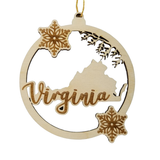 Virginia Wood Ornament -  VA State Shape with Snowflakes Cutout - Handmade Wood Ornament Made in USA Christmas Decor