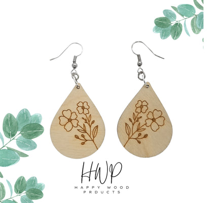 Wood Earrings - Floral 2 Flowers with Buds Engraved Teardrop Wood Earrings - Dangle Earrings - Gift