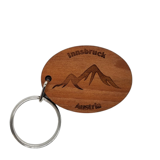 Innsbruck Austria Keychain Handmade Wood Mountains Keyring Austria Souvenir Mountain Ski Resort Skiing Skier Alps Winter Sports Key Tag