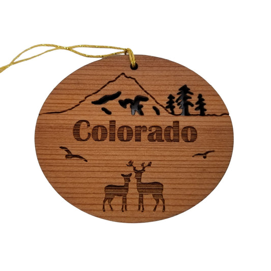 Colorado Ornament - Mountains Trees Birds Deer - Handmade Wood Colorado Souvenir Christmas Ornament Travel Gift 3 Inch Rocky Mountains