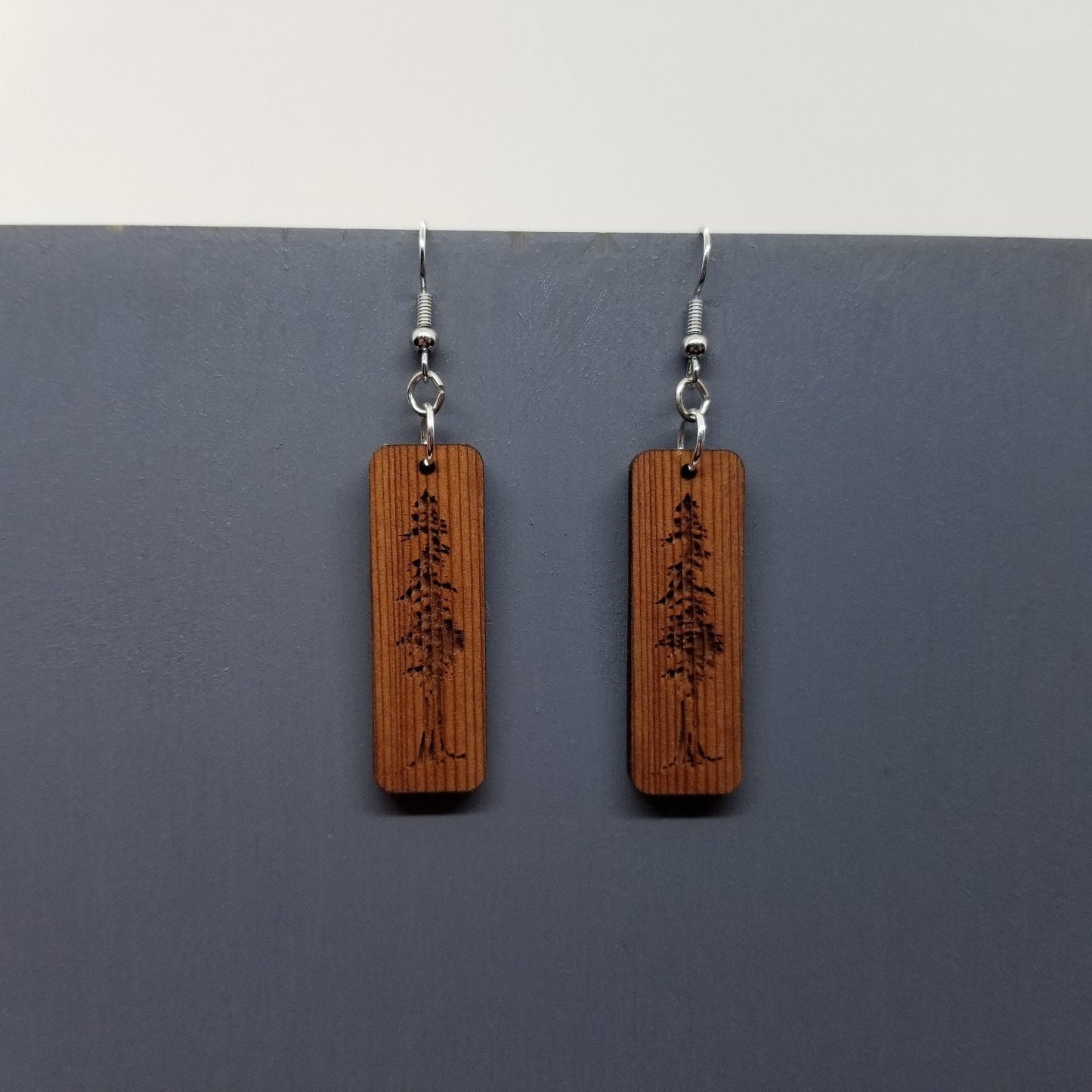 Redwood Earrings - Engraved Tree Rectangle Wood Earrings - California Redwood Dangle Earrings - CA Souvenir Keepsake - Anniversary Gift