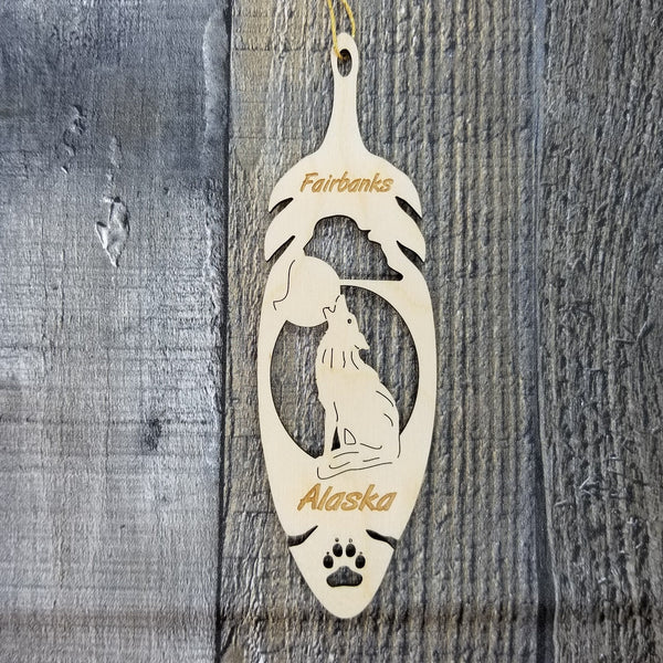 Fairbanks Alaska Wolf Christmas Ornament Wood Laser Cut Handmade in USA  Souvenir Memento Leaf 5.375