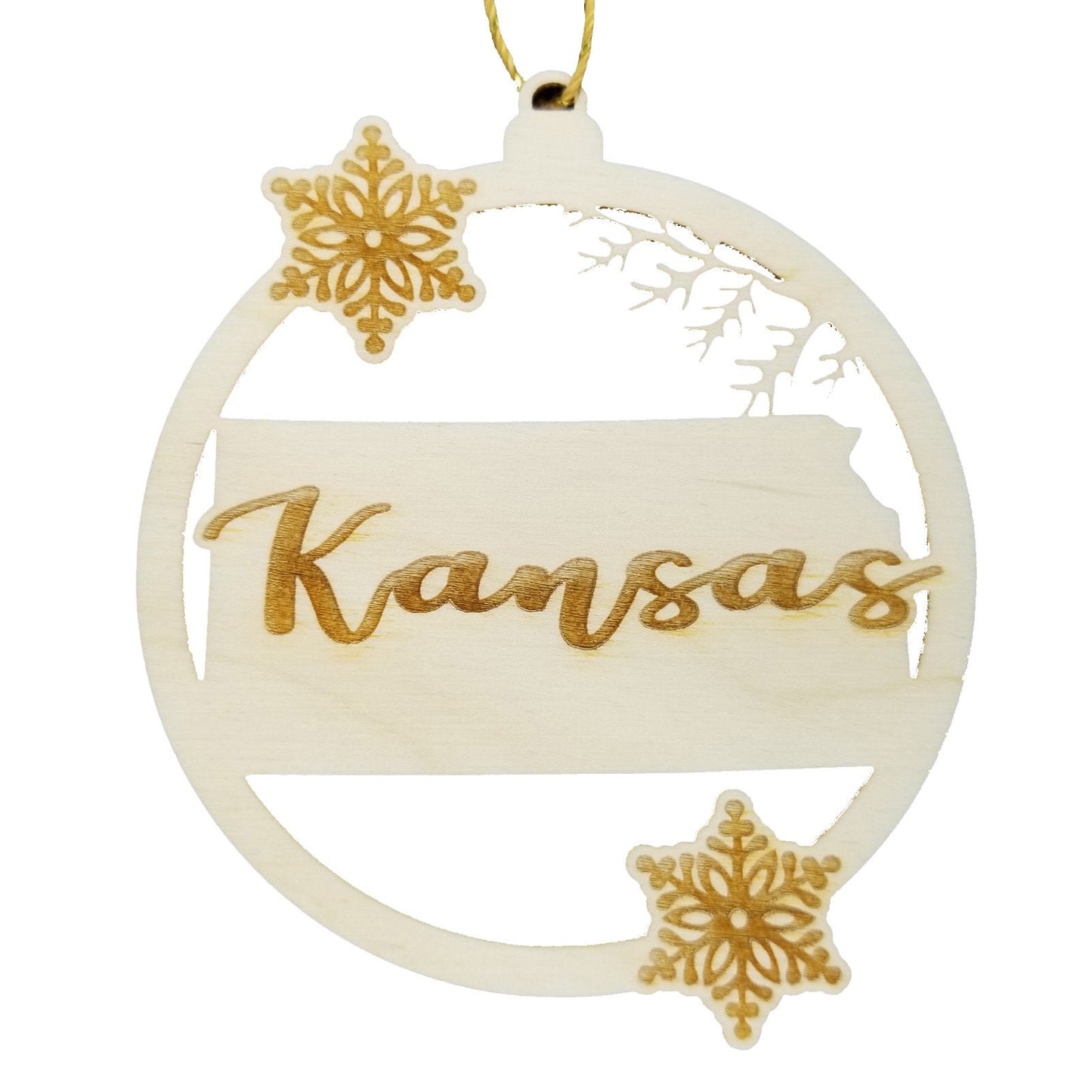 Kansas Ornament - State Shape with Snowflakes Cutout KS Souvenir - Handmade Wood Ornament Made in USA Christmas Decor