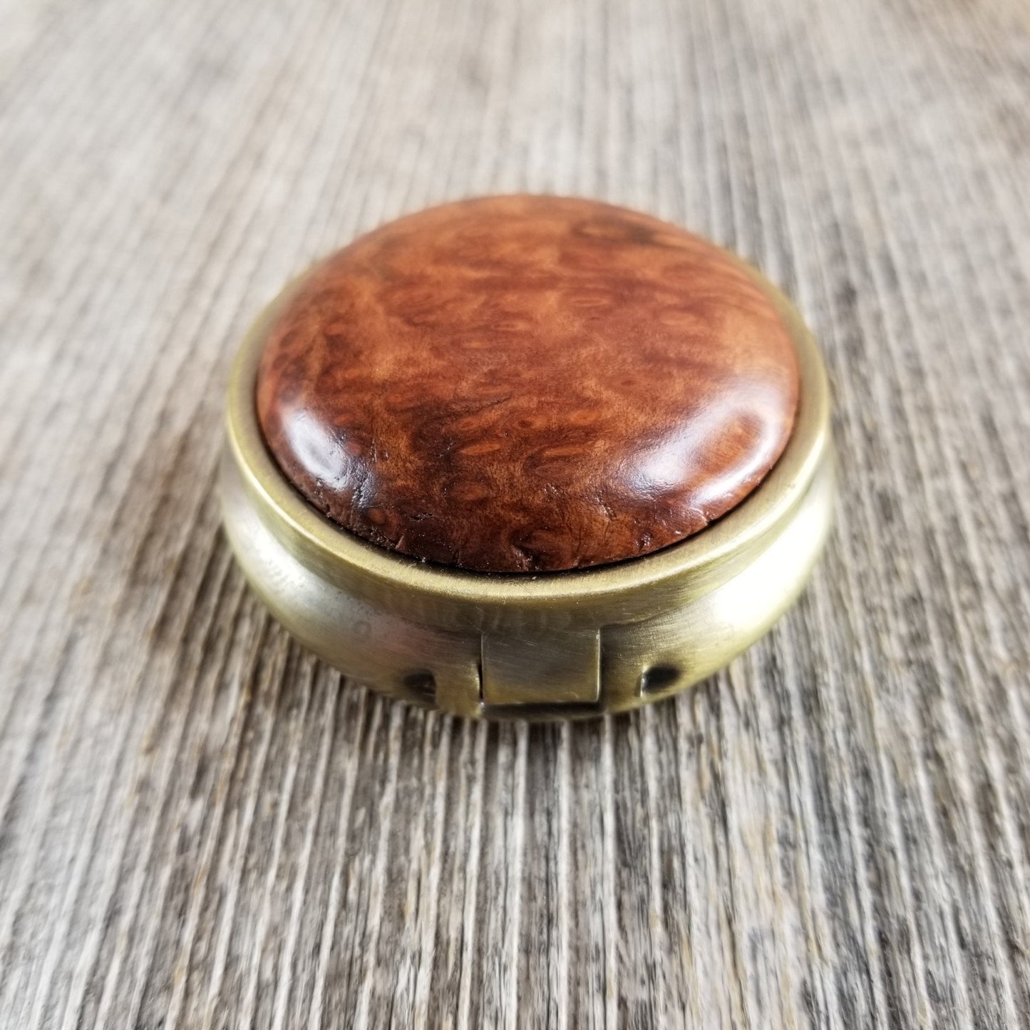 Handmade Pill Box 3 Sections Redwood Top California Burl Memento #284