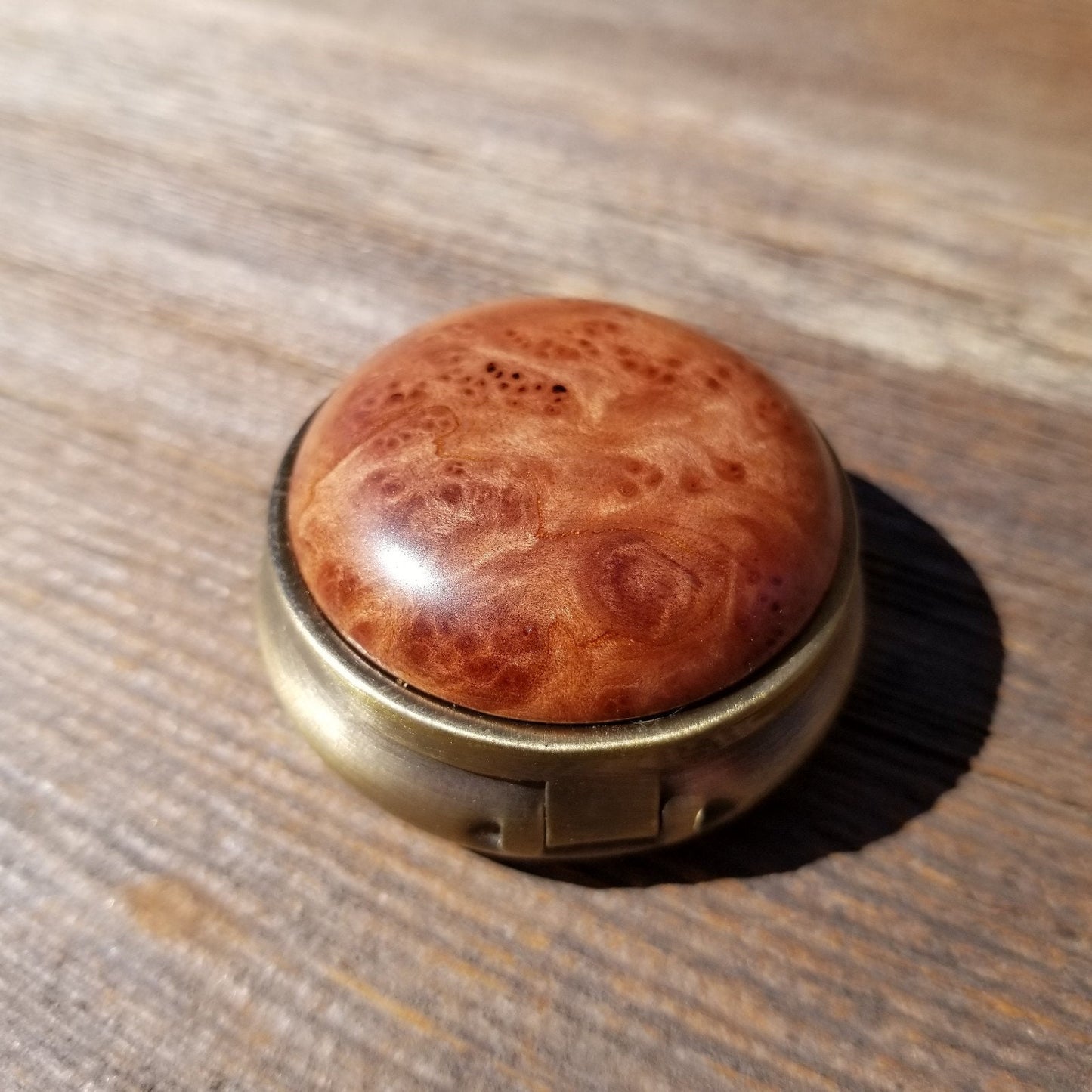 Redwood Pill Box 3 Sections Handmade Top California Burl Souvenir Memento Mothers Day Gift Antique Bronze #412