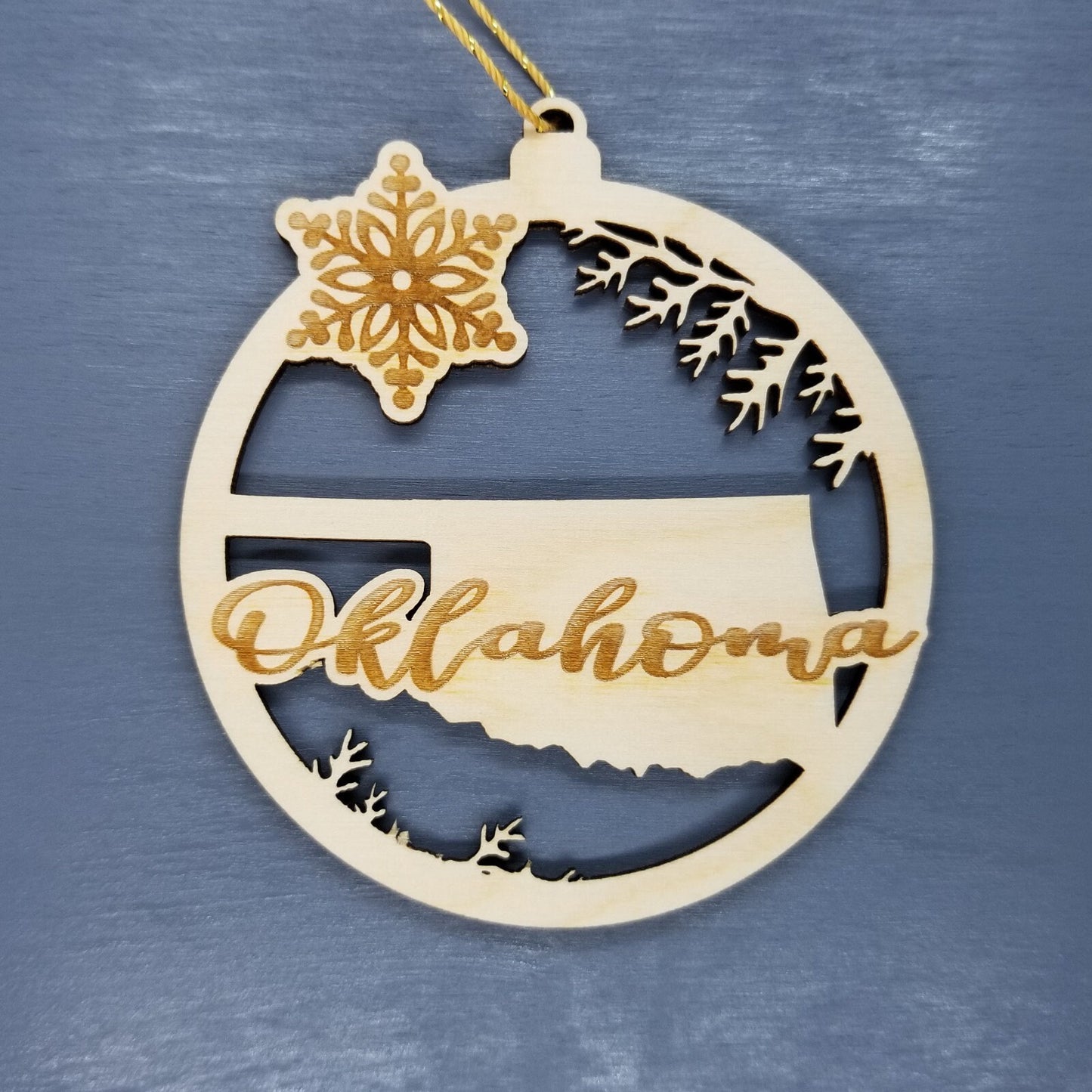 Oklahoma Wood Ornament -  State Shape with Snowflakes OK Cutout - Handmade Wood Ornament Made in USA Christmas Decor