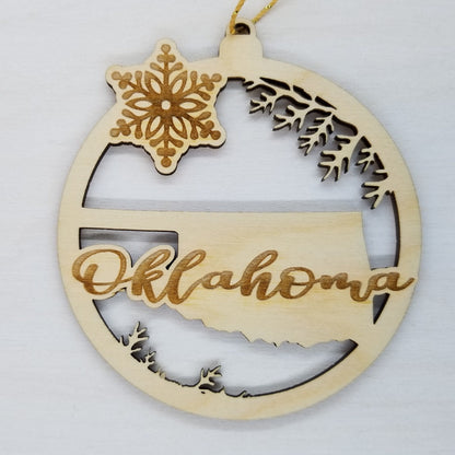 Oklahoma Wood Ornament -  State Shape with Snowflakes OK Cutout - Handmade Wood Ornament Made in USA Christmas Decor