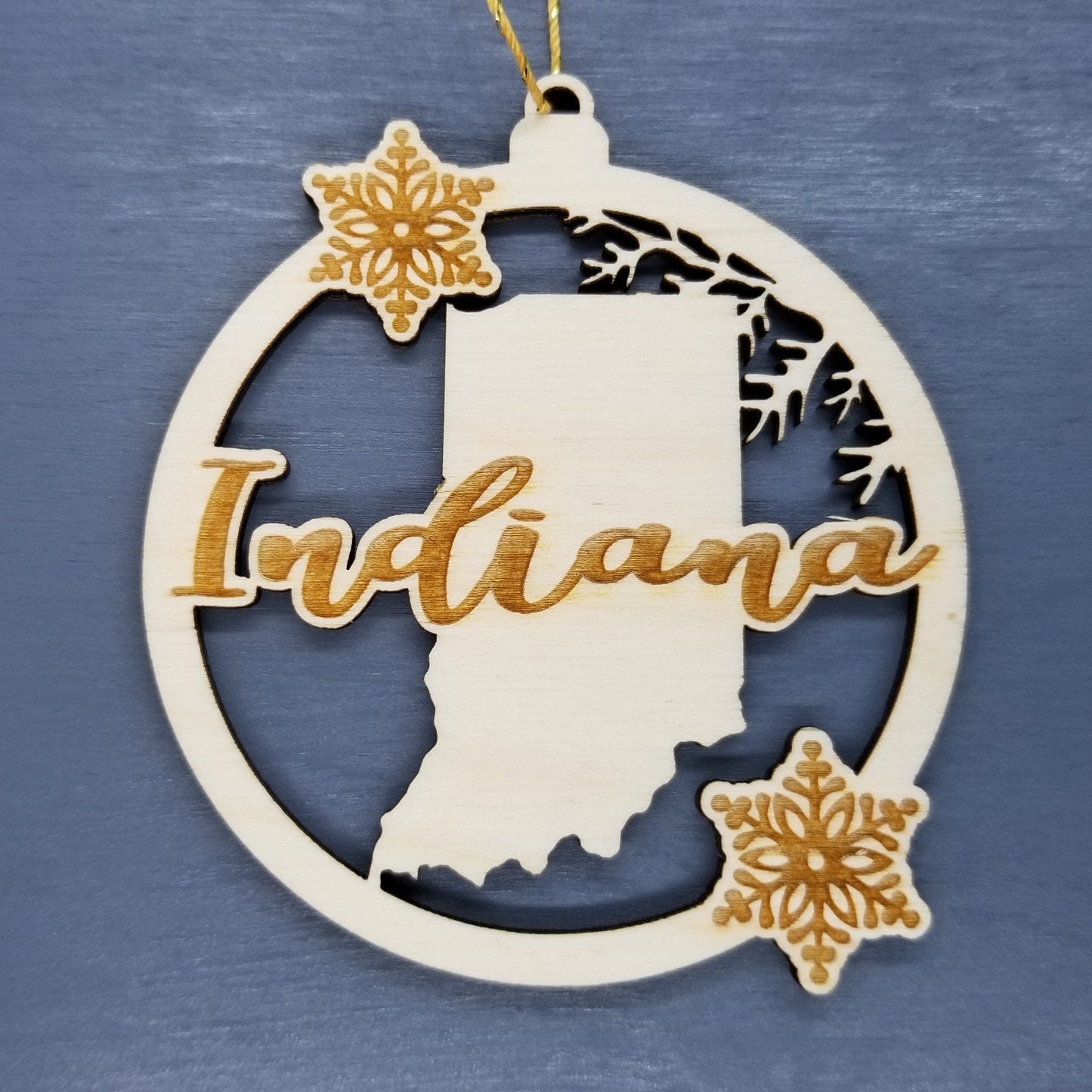 Indiana Ornament - State Shape with Snowflakes Cutout IN Souvenir - Handmade Wood Ornament Made in USA Christmas Decor