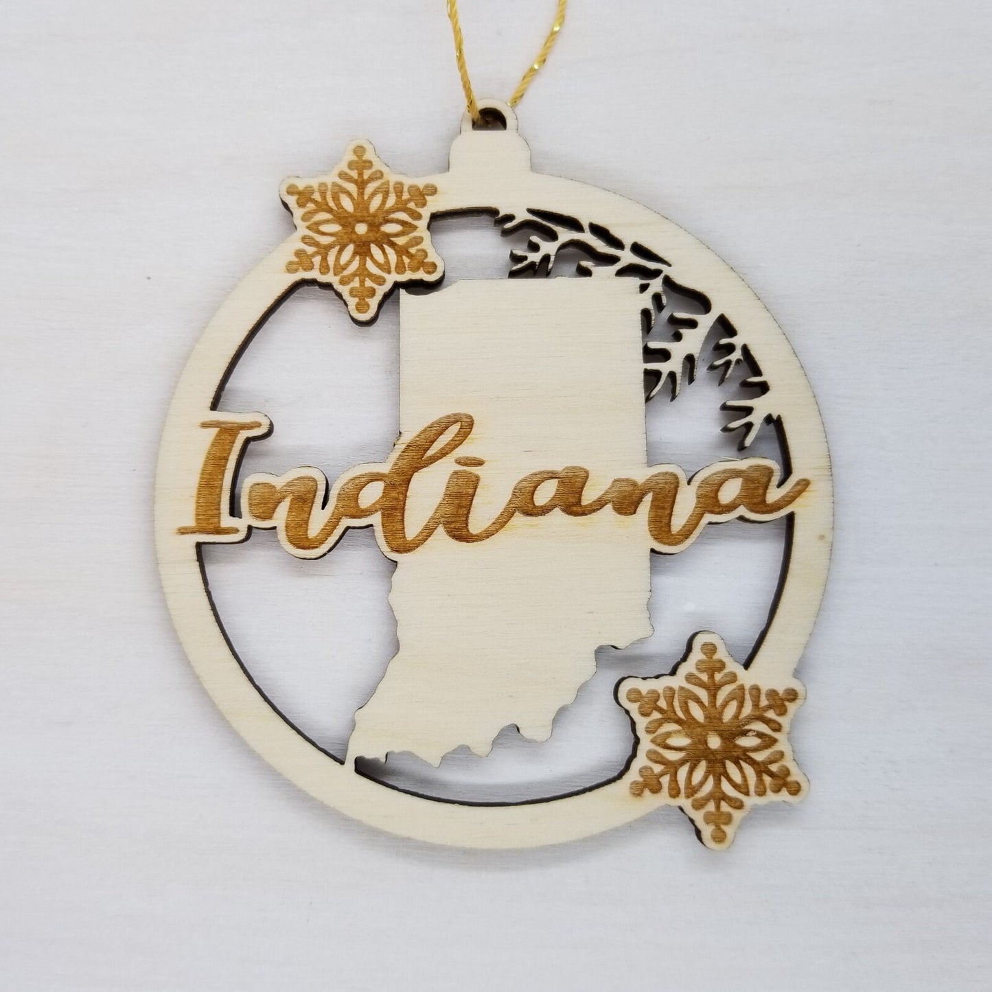 Indiana Ornament - State Shape with Snowflakes Cutout IN Souvenir - Handmade Wood Ornament Made in USA Christmas Decor