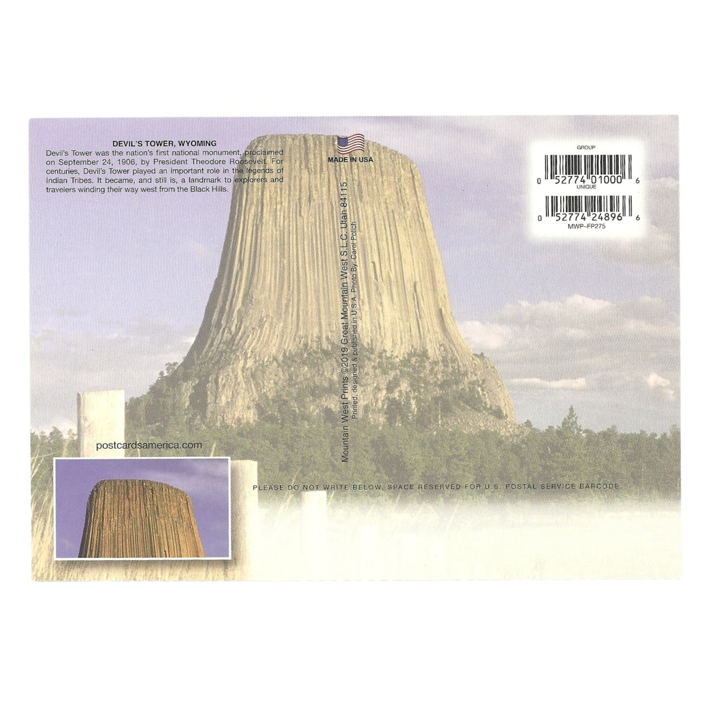 Devils Tower Postcard WY 5x7 Jumbo Large  Wyoming - Great for Crafting - Decoupage - Scrapbooking Supply