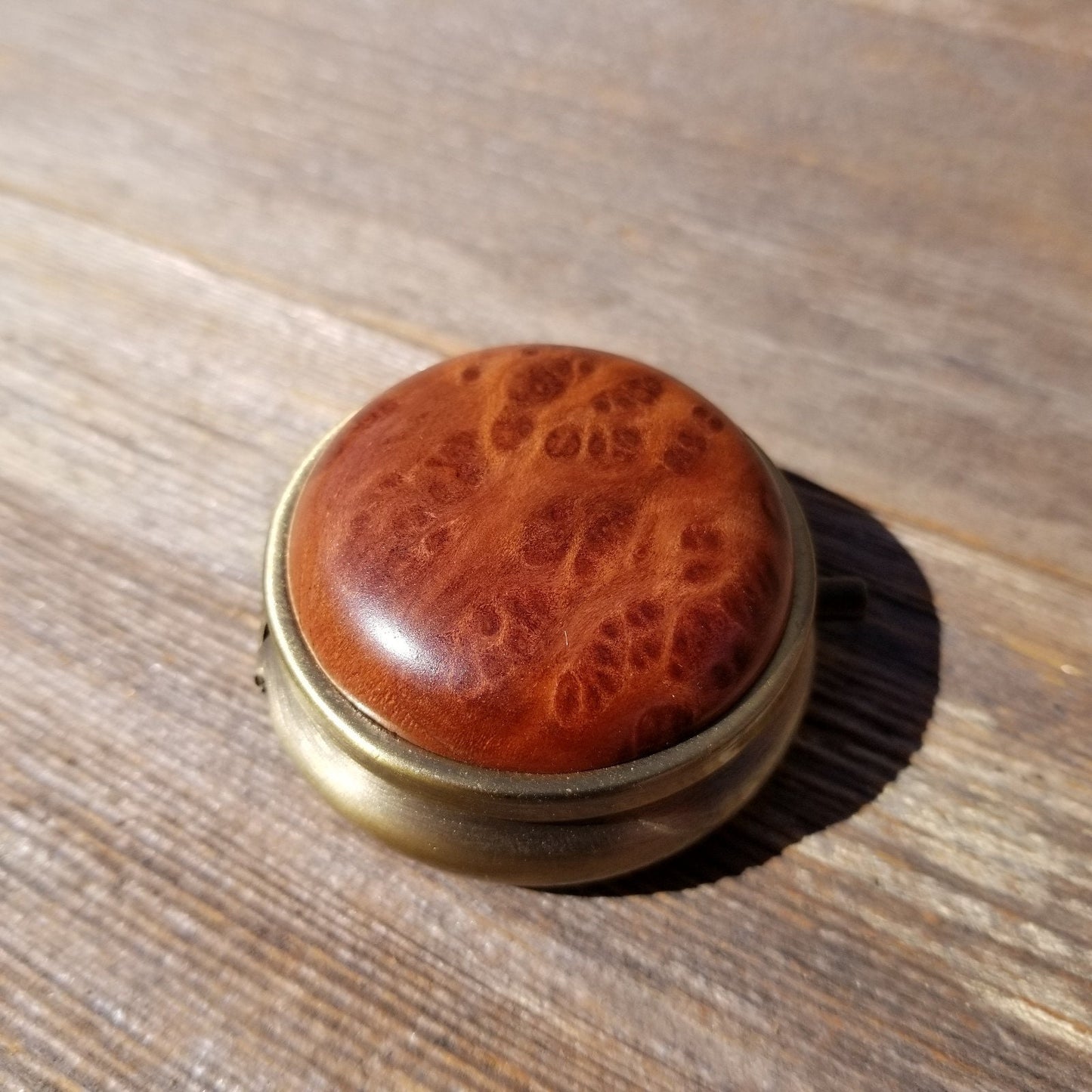 Redwood Pill Box 3 Sections Handmade Top California Burl Souvenir Memento Mothers Day Gift Antique Bronze #409