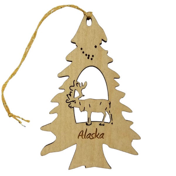 Alaska Christmas Ornament Tree Shape Caribou Wood Made in USA Reindeer