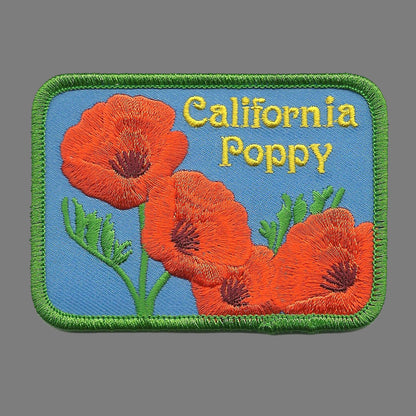 California Poppy Patch State Flower Embroidered Souvenir Rectangle 3.5" Iron On Badge Emblem Applique