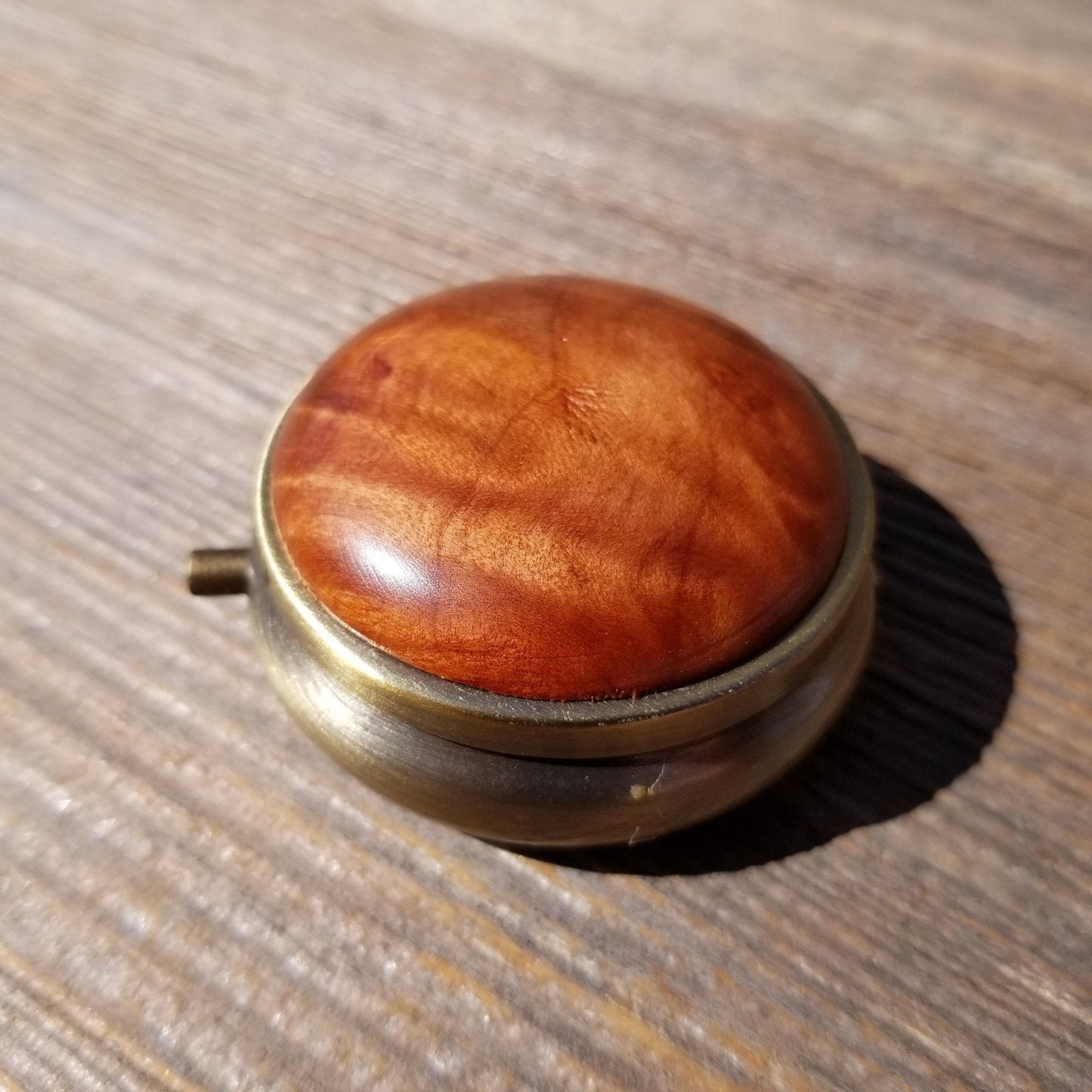 Handmade Pill Box 3 Sections California Redwood Burl Top Souvenir Memento Rustic Antique Bronze #408