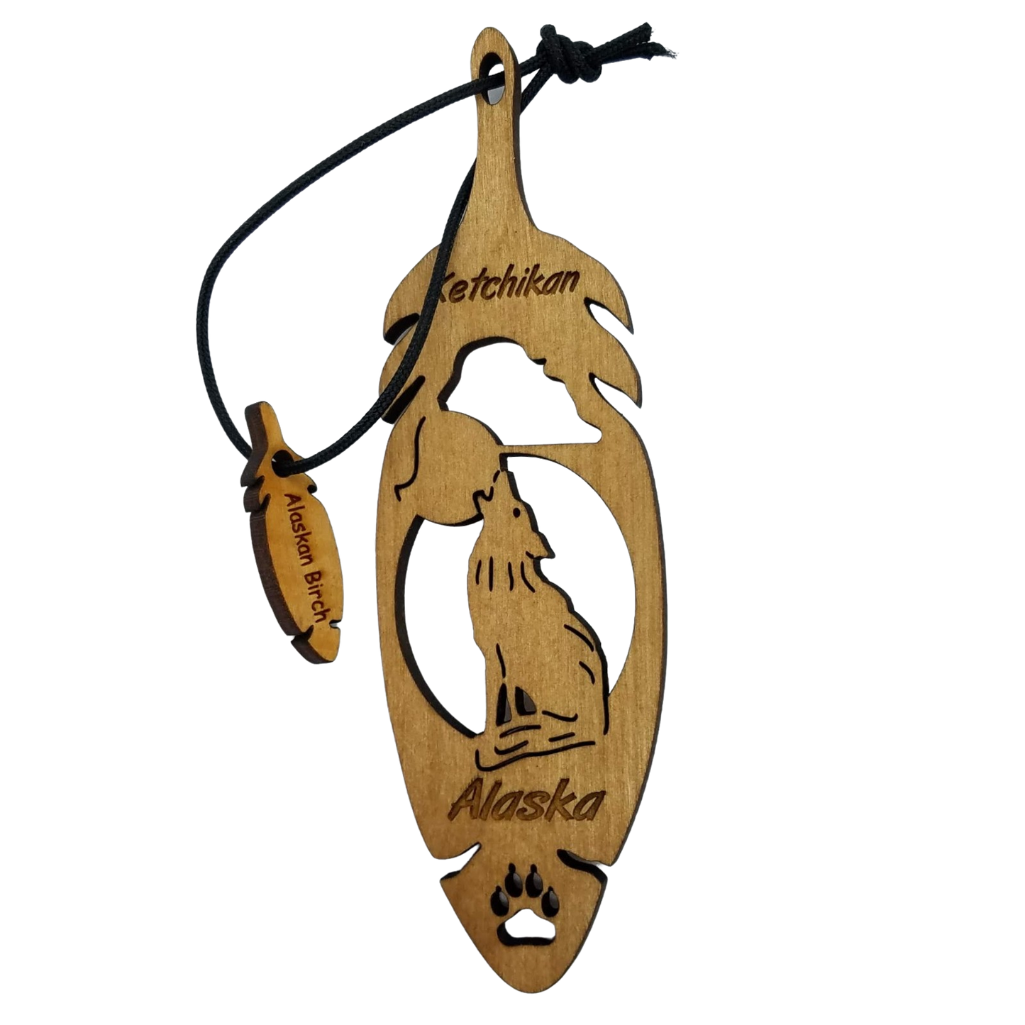 Ketchikan Alaska Wolf Christmas Ornament Wood Laser Cut Handmade in USA Souvenir Memento Leaf Acorn 5.375" Travel Gift AK