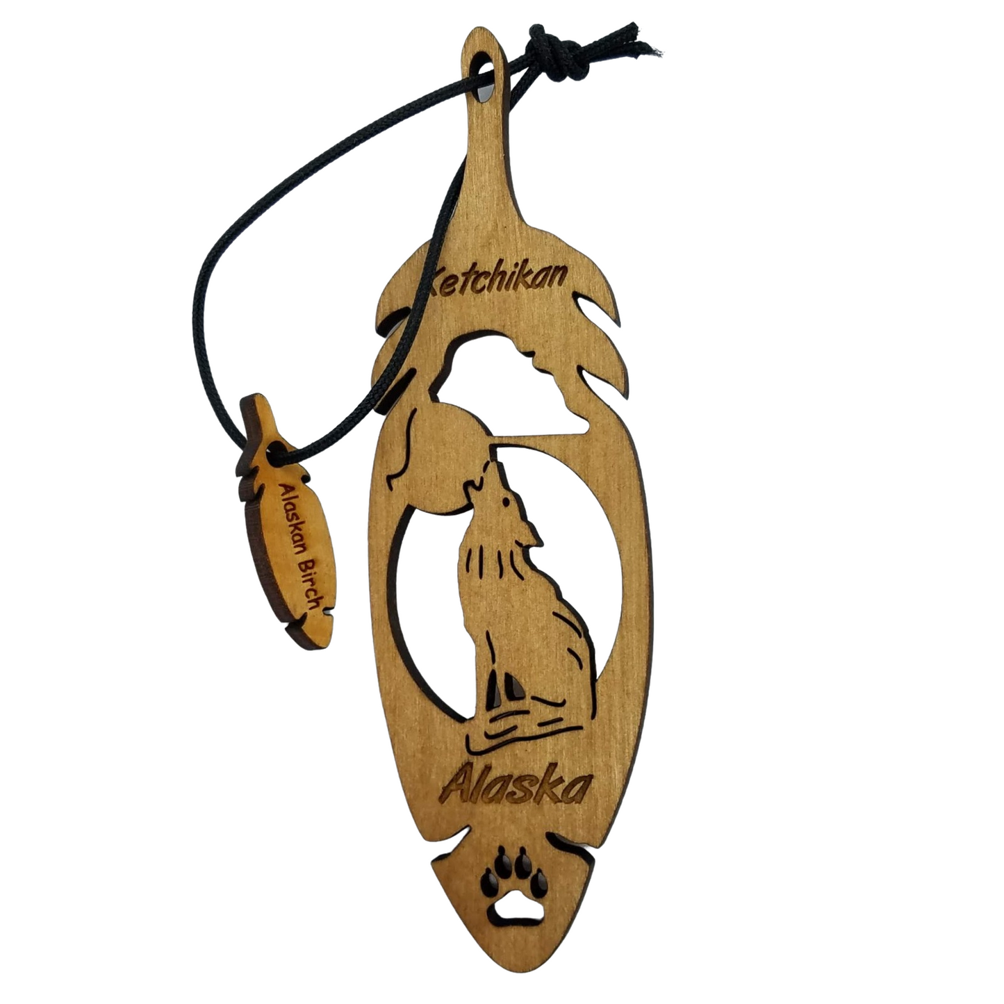 Ketchikan Alaska Wolf Christmas Ornament Wood Laser Cut Handmade in USA Souvenir Memento Leaf Acorn 5.375" Travel Gift AK