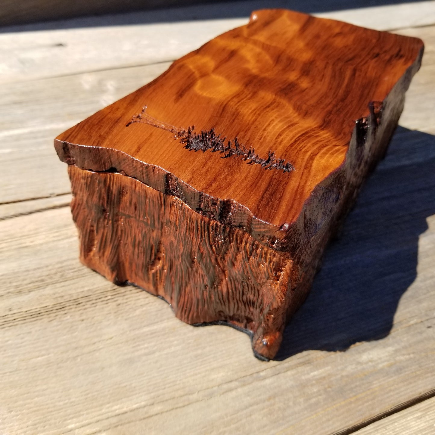 Handmade Wood Box with Redwood Tree Engraved Rustic Handmade Curly Wood #397 California Redwood Jewelry Box Storage Box