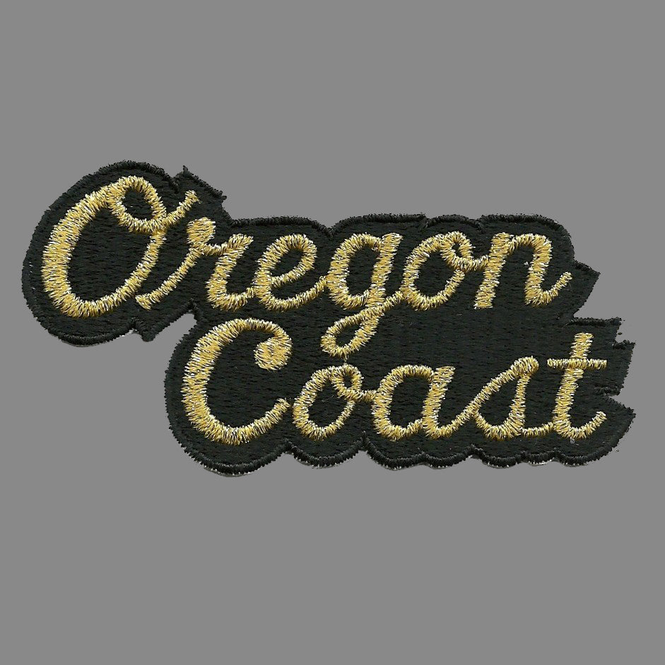 Oregon Coast Patch - Iron on Souvenir - Script Black and Gold Badge Emblem