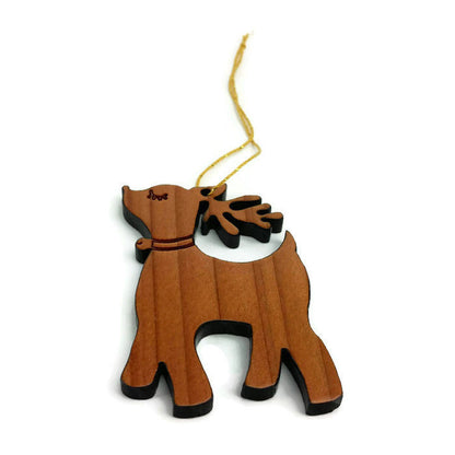 Wood Christmas Ornament Reindeer with Bell California Redwoods Laser Cut Handmade Wood Ornament Made in USA