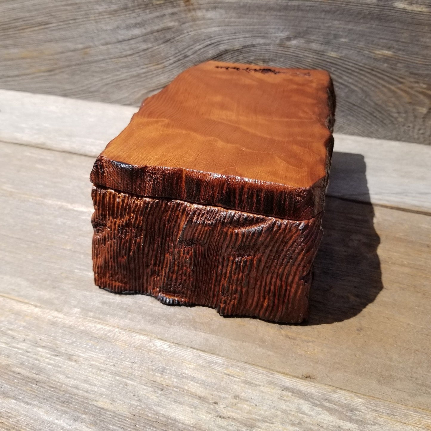 Handmade Wood Box with Redwood Tree Engraved Rustic Handmade Curly Wood #461 California Redwood Jewelry Box Storage Box