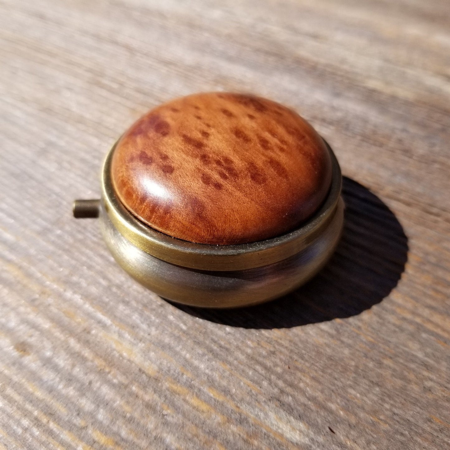 California Burl  Handmade Pill Box 3 Sections Redwood Top Souvenir Memento Rustic Antique Bronze #419